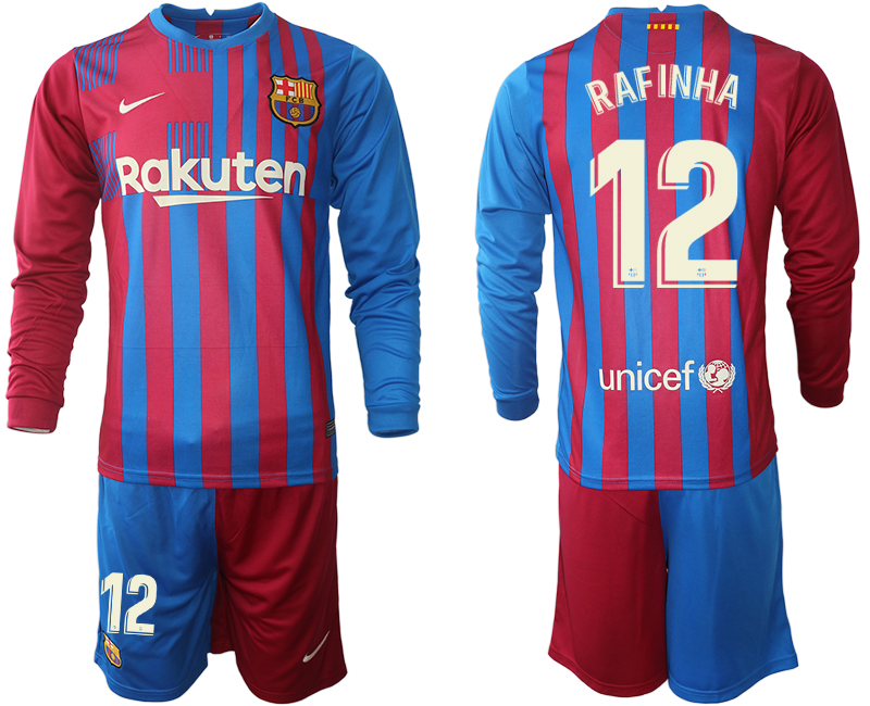 Men 2021-2022 Club Barcelona home red blue Long Sleeve #12 Nike Soccer Jersey